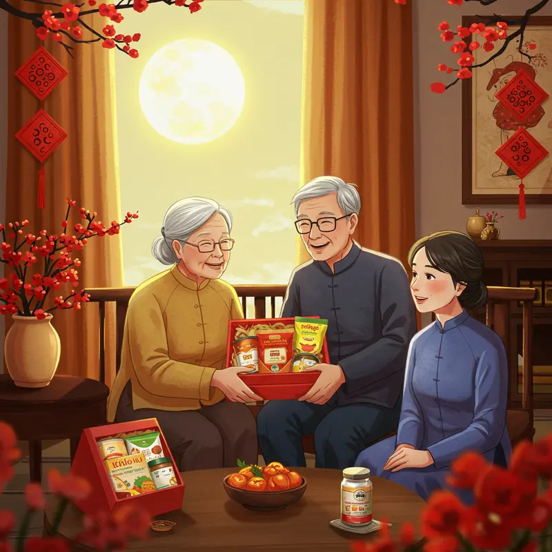 Món quà truyền thống với bánh trung thu, đèn lồng và trái cây cho gia đình dịp Trung Thu