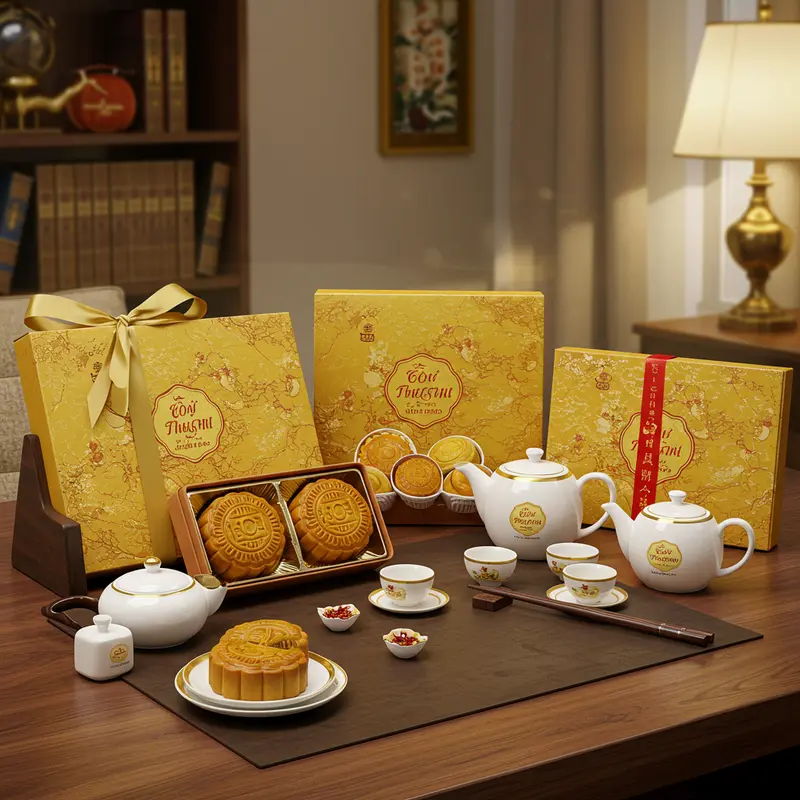 Món quà truyền thống với bánh trung thu, đèn lồng và trái cây cho gia đình dịp Trung Thu