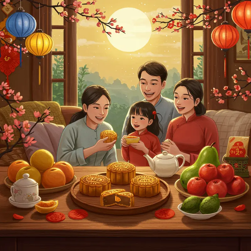 Món quà truyền thống với bánh trung thu, đèn lồng và trái cây cho gia đình dịp Trung Thu