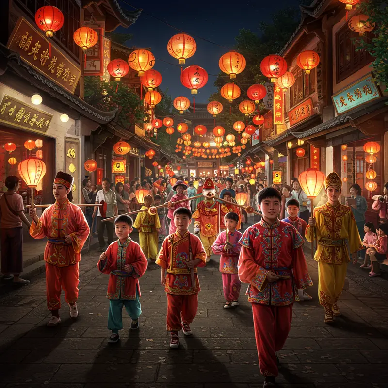 Ngôi làng Trung Quốc truyền thống dưới ánh trăng tròn rằm.