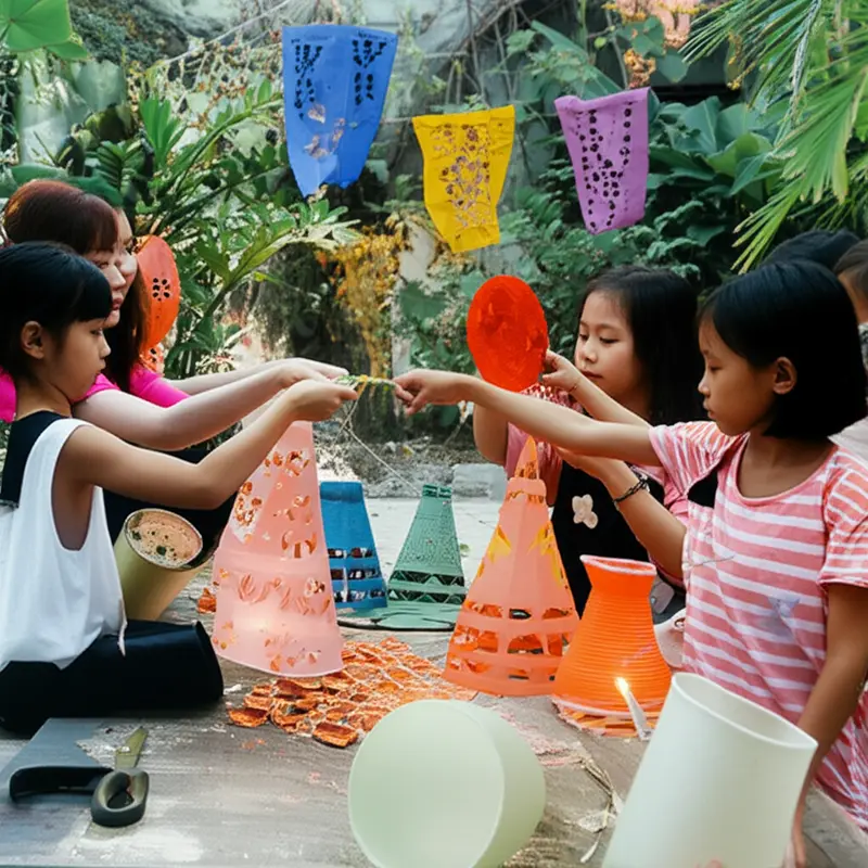 Gia đình Việt Nam chuẩn bị đón Tết Trung Thu với đèn lồng và bánh trung thu.