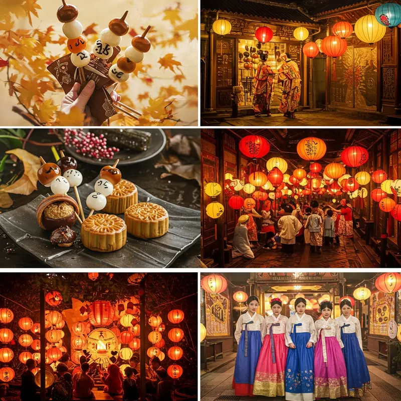 Phong cảnh truyền thống lễ hội Tsukimi với trăng tròn, cỏ lau và bánh dango.