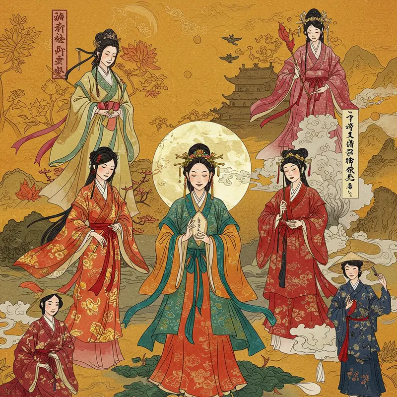 Bức tranh tượng trưng cho nguồn gốc truyền thuyết Chị Hằng với nguyệt quang và làng quê Việt Nam.