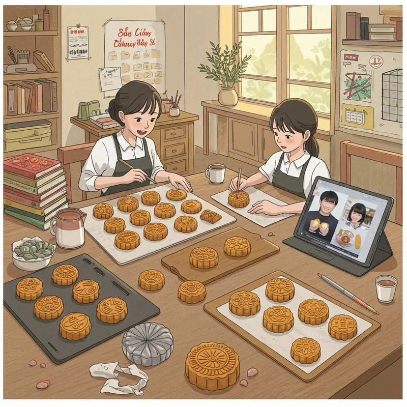 Chiếc bánh Trung Thu truyền thống với họa tiết vẽ tay và tạo hình 3D độc đáo.