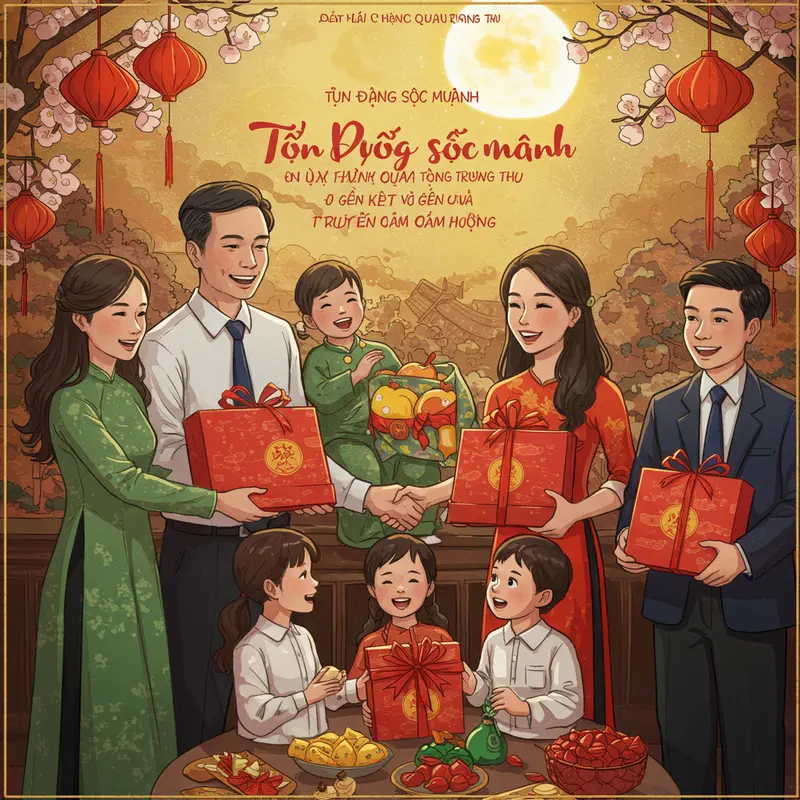 Gia đình Việt Nam sum họp thưởng thức bánh Trung Thu dưới ánh trăng rằm.