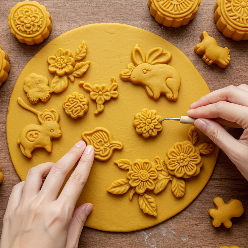 Chiếc bánh Trung Thu truyền thống với họa tiết vẽ tay và tạo hình 3D độc đáo.