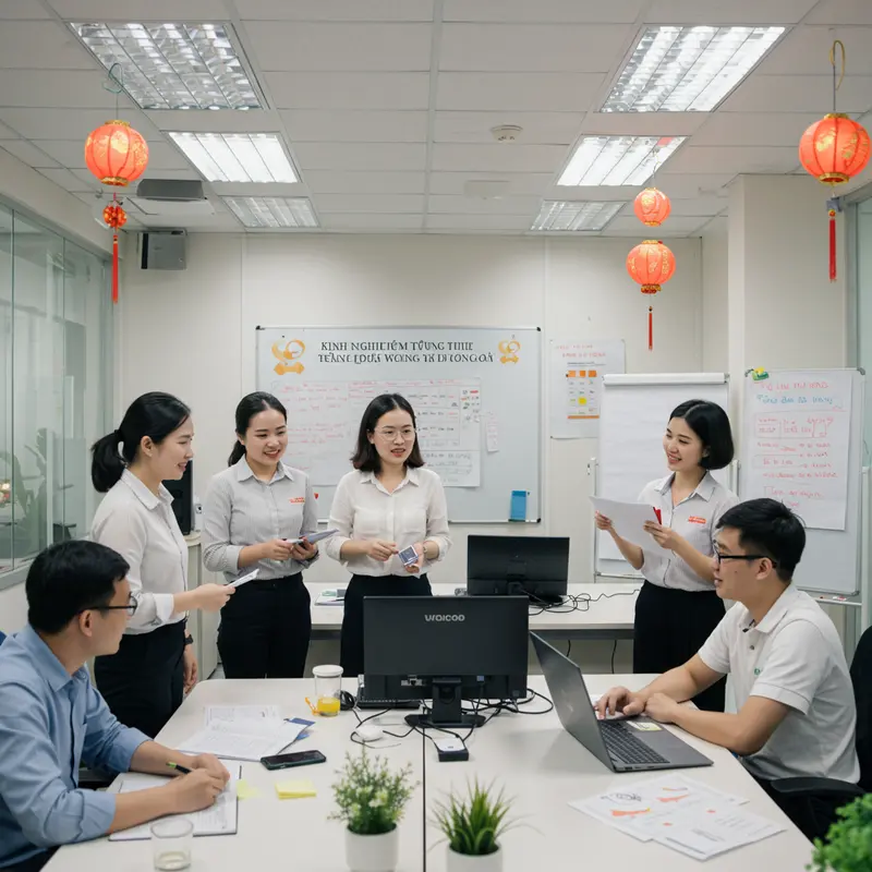 Nhân viên công sở tổ chức hoạt động team building trong không khí Trung Thu vui tươi.