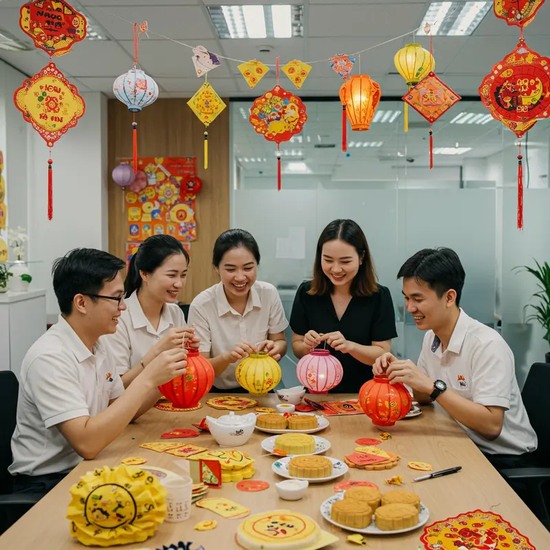 Nhân viên công sở tổ chức hoạt động team building trong không khí Trung Thu vui tươi.