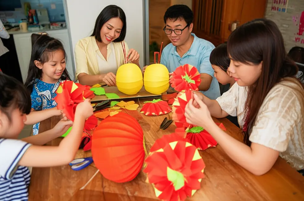 Trẻ em cầm lồng đèn trong lễ hội Tết Trung Thu.