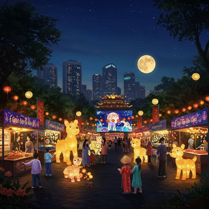 Trẻ em Việt Nam rước đèn Trung Thu dưới ánh trăng rằm truyền thống
