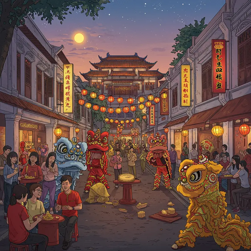 Bánh trung thu truyền thống và đèn lồng màu sắc dưới ánh trăng rằm Trung Thu