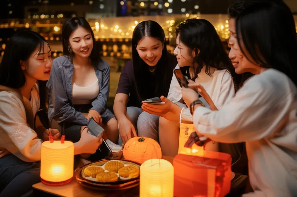 Trẻ em cầm lồng đèn trong lễ hội Tết Trung Thu.