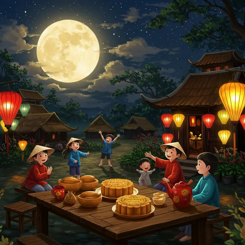 Gia đình sum họp bên ánh trăng tròn rằm tháng Tám và đèn lồng truyền thống.