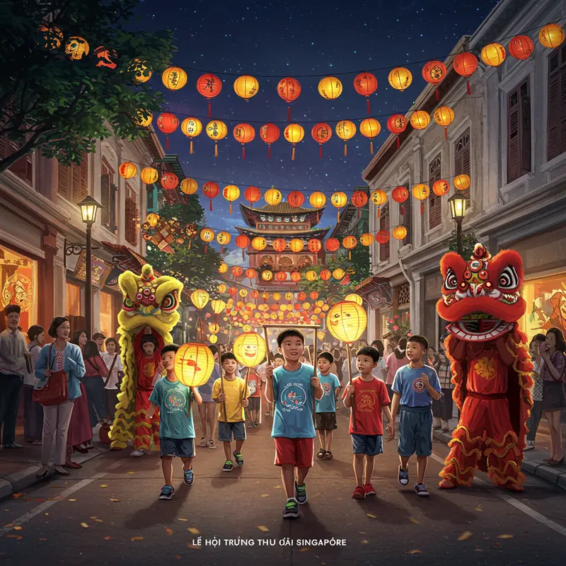 Bánh trung thu truyền thống và đèn lồng màu sắc dưới ánh trăng rằm Trung Thu