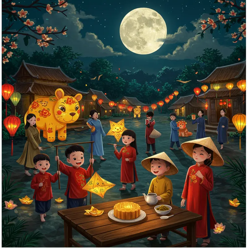 Trẻ em rước đèn trong Tết Trung Thu truyền thống dưới ánh trăng tròn.