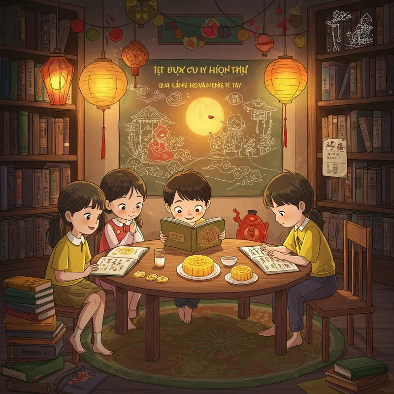 Gia đình sum họp bên ánh trăng tròn rằm tháng Tám và đèn lồng truyền thống.