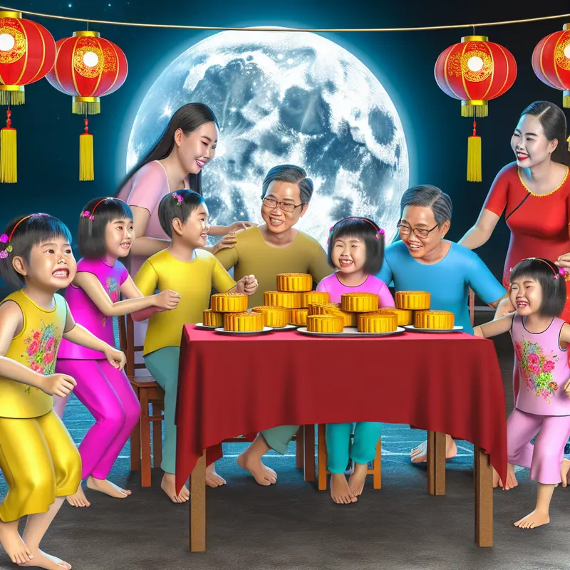 Gia đình Việt Nam bên bàn bánh Trung Thu và đèn lồng.