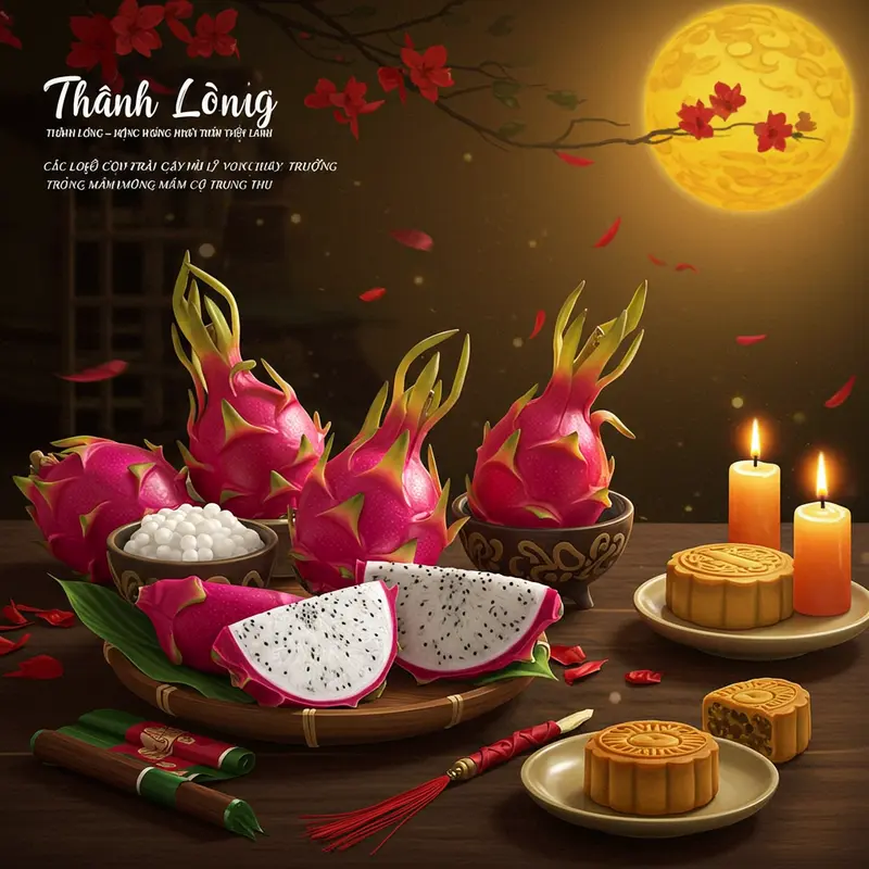 Mâm cỗ Trung Thu với các loại trái cây truyền thống và đèn lồng sáng tạo không khí ấm cúng.