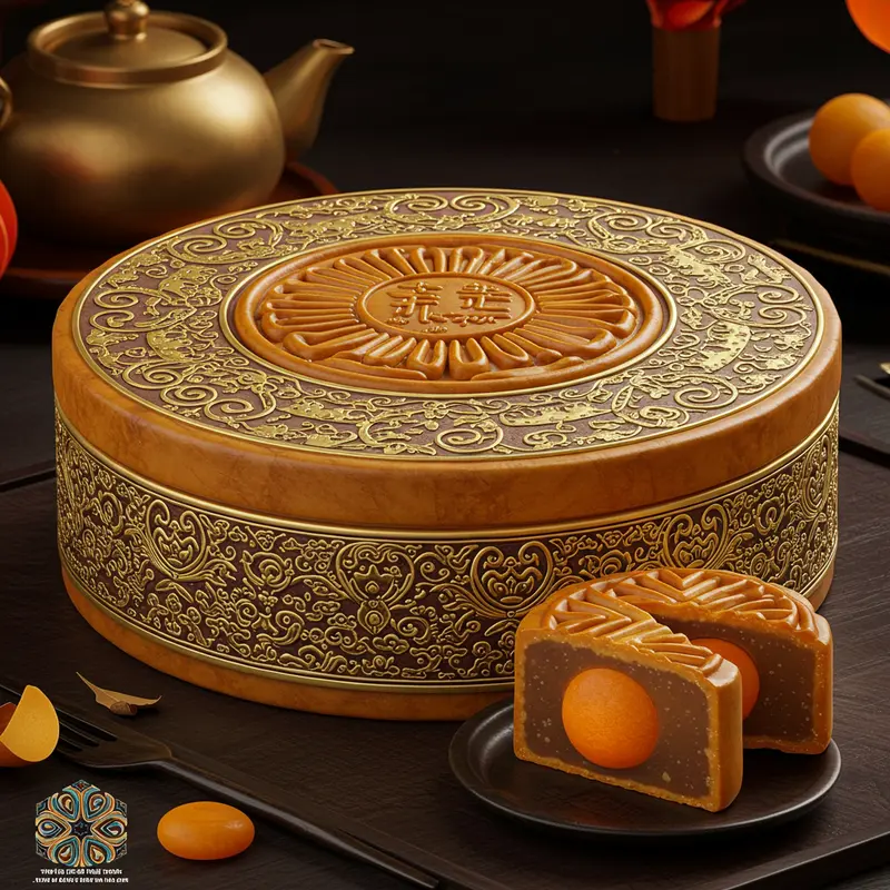 Hộp bánh Trung Thu cao cấp trong bối cảnh lễ hội Trung Thu truyền thống.