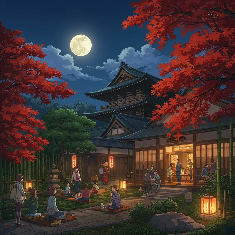 Phong cảnh truyền thống lễ hội Tsukimi với trăng tròn, cỏ lau và bánh dango.