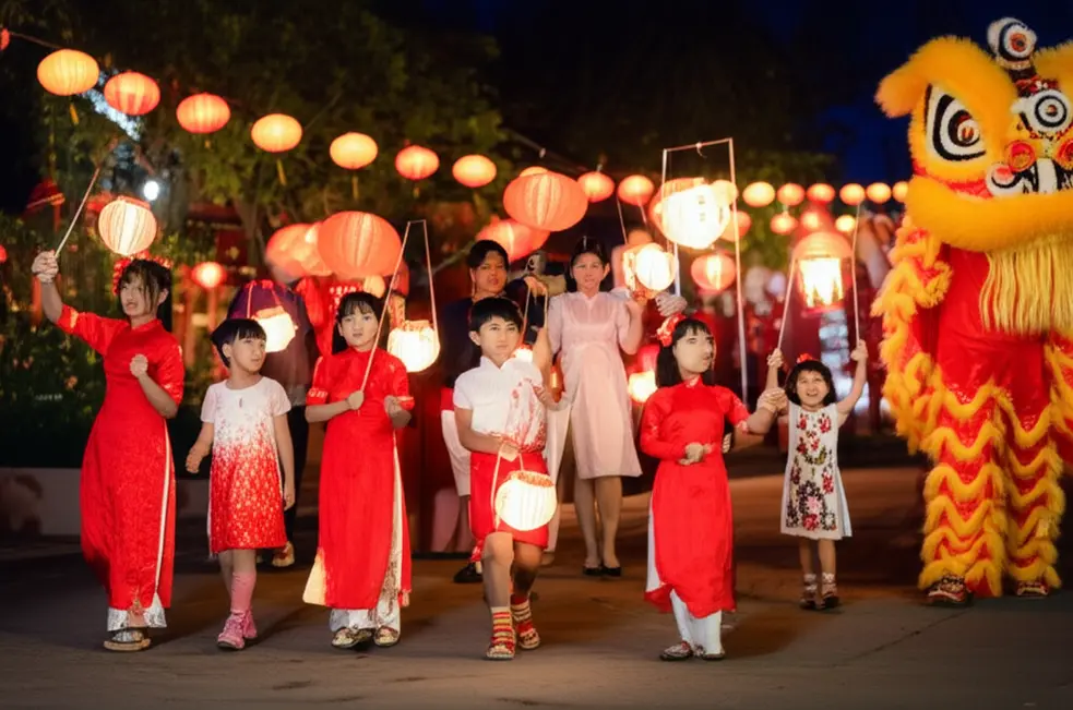 Bức tranh tổng quan về lễ hội Tết Trung Thu tại một ngôi làng với trẻ em cầm đèn lồng và gia đình quây quần.