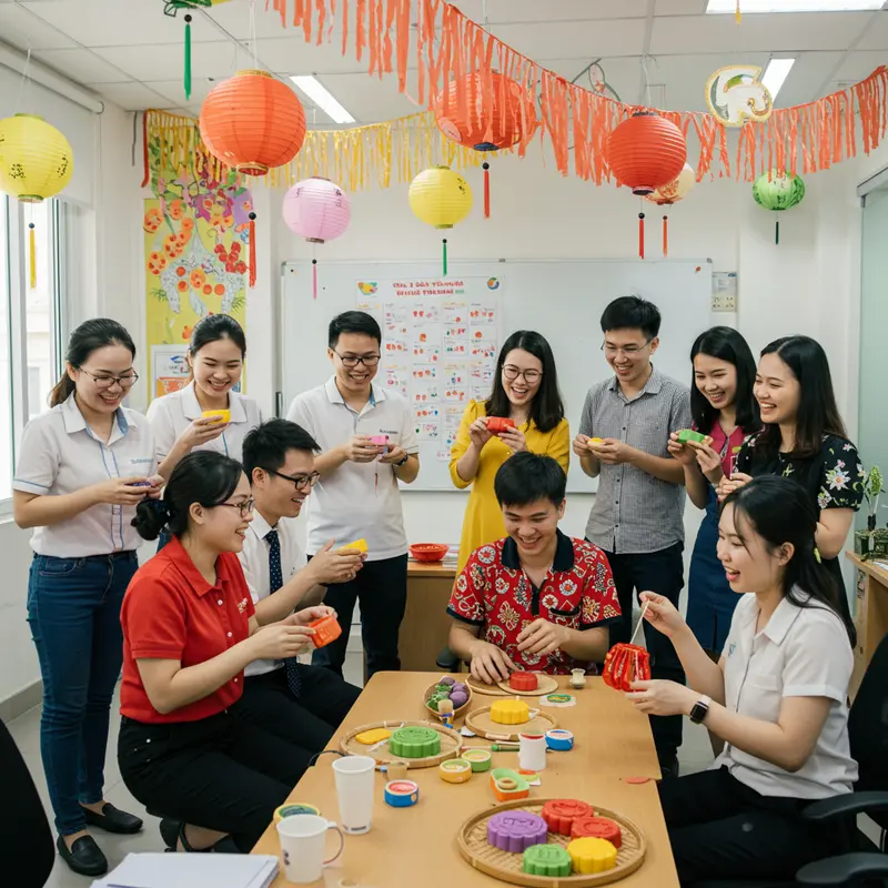 Nhân viên công sở tổ chức hoạt động team building trong không khí Trung Thu vui tươi.