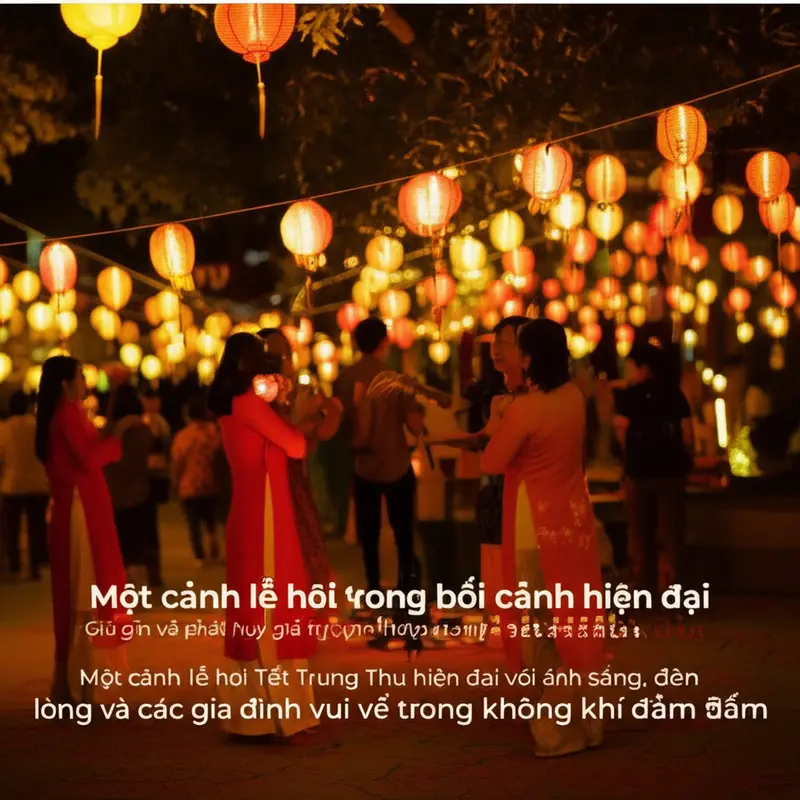 Cảnh lễ hội Tết Trung Thu với đèn lồng và gia đình vui vẻ.