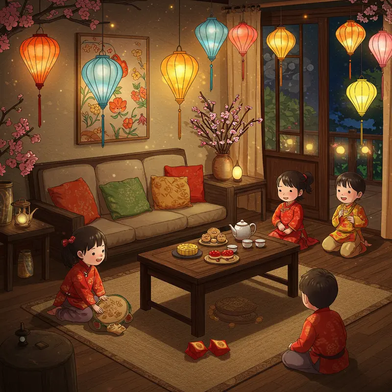 Không gian trang trí ấm áp cho đêm hội Trung Thu tại nhà.