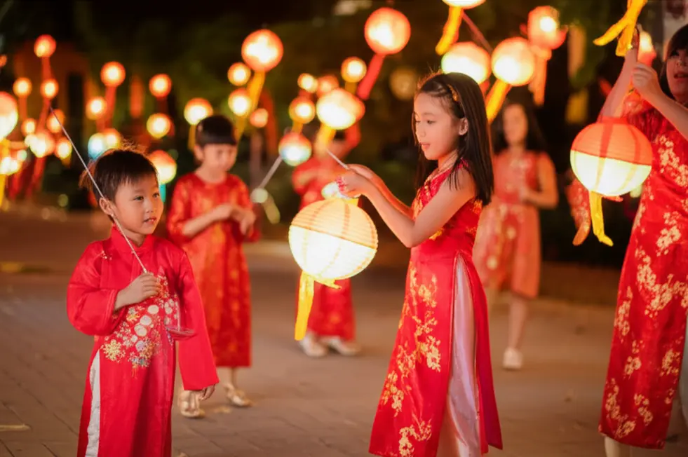 Gia đình Việt Nam chuẩn bị đón Tết Trung Thu với đèn lồng và bánh trung thu.