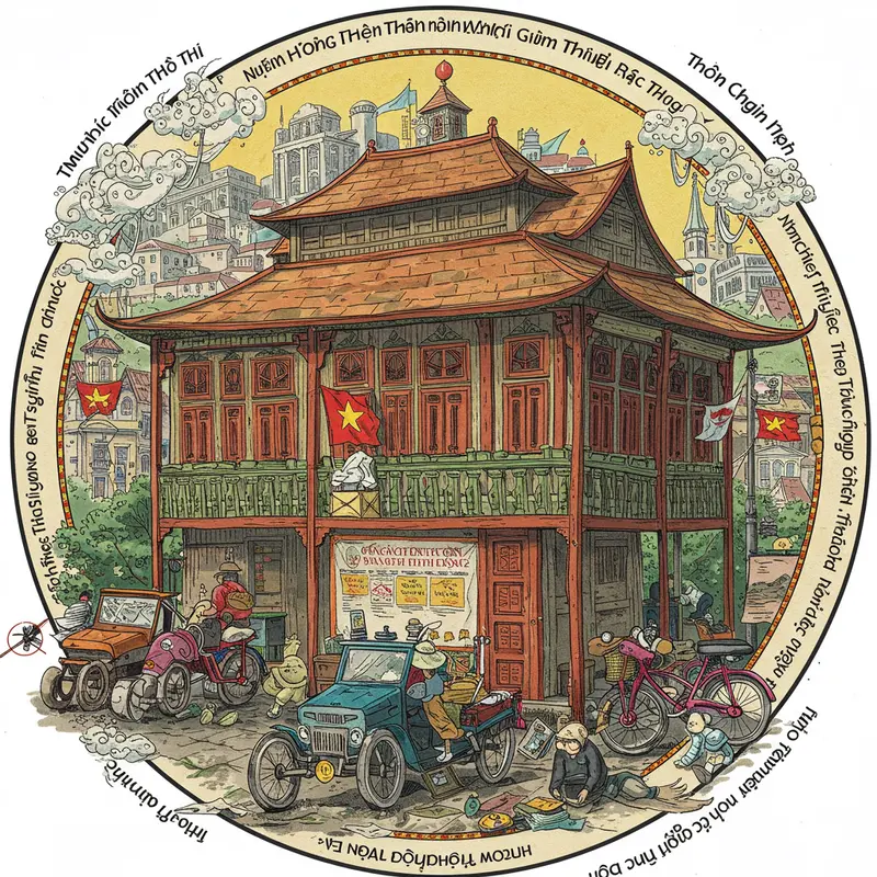 Trẻ em và gia đình đang hưởng không khí Trung Thu xanh sạch với đèn lồng giấy và thùng rác phân loại.