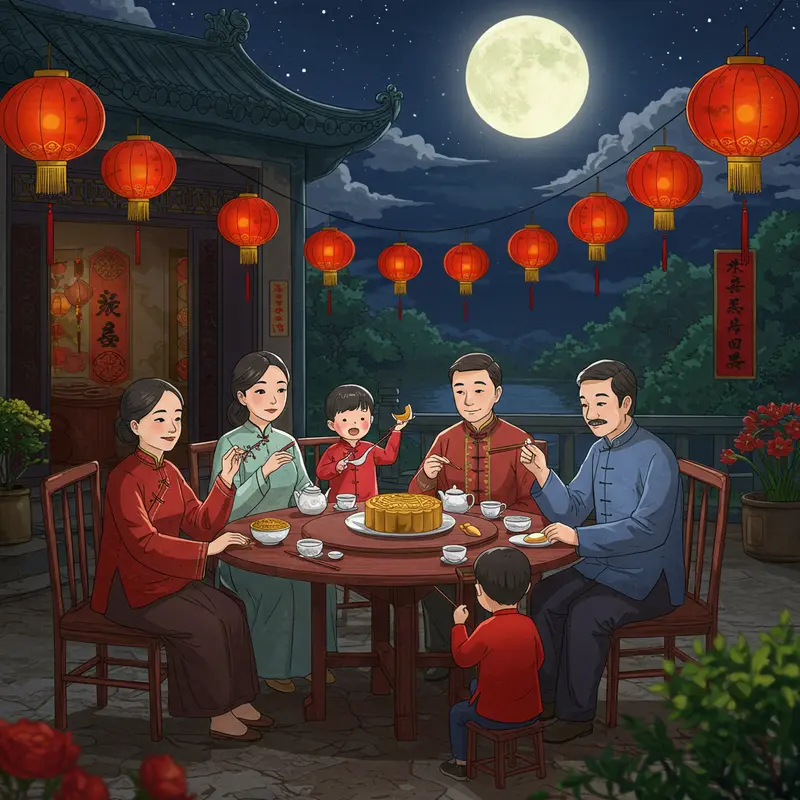 Khung cảnh lễ hội trăng rằm với trăng tròn và người dân tổ chức nghi lễ truyền thống dưới ánh trăng.