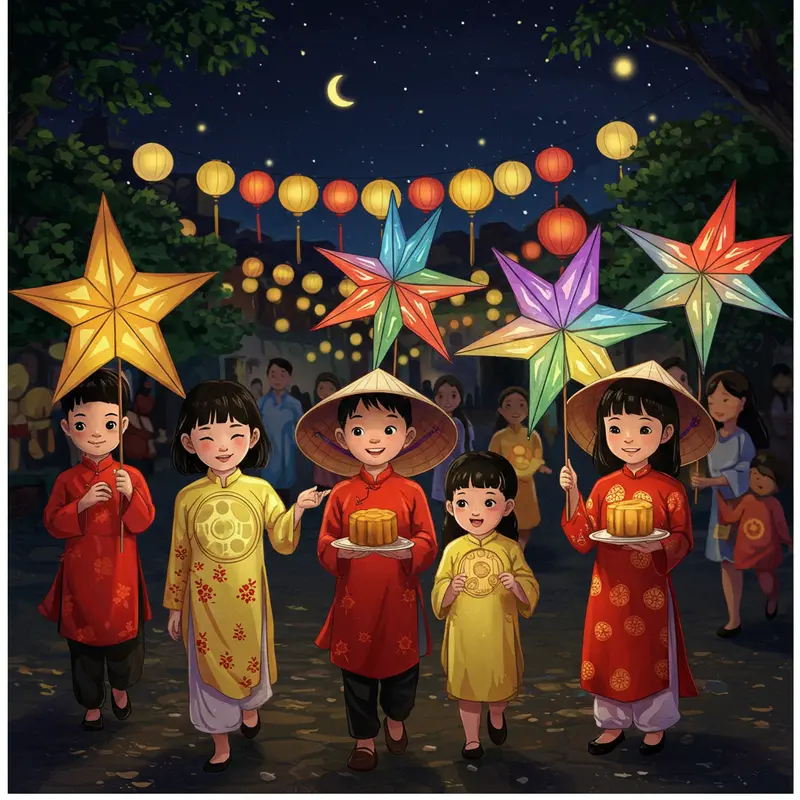 Khung cảnh lễ hội trăng rằm với trăng tròn và người dân tổ chức nghi lễ truyền thống dưới ánh trăng.