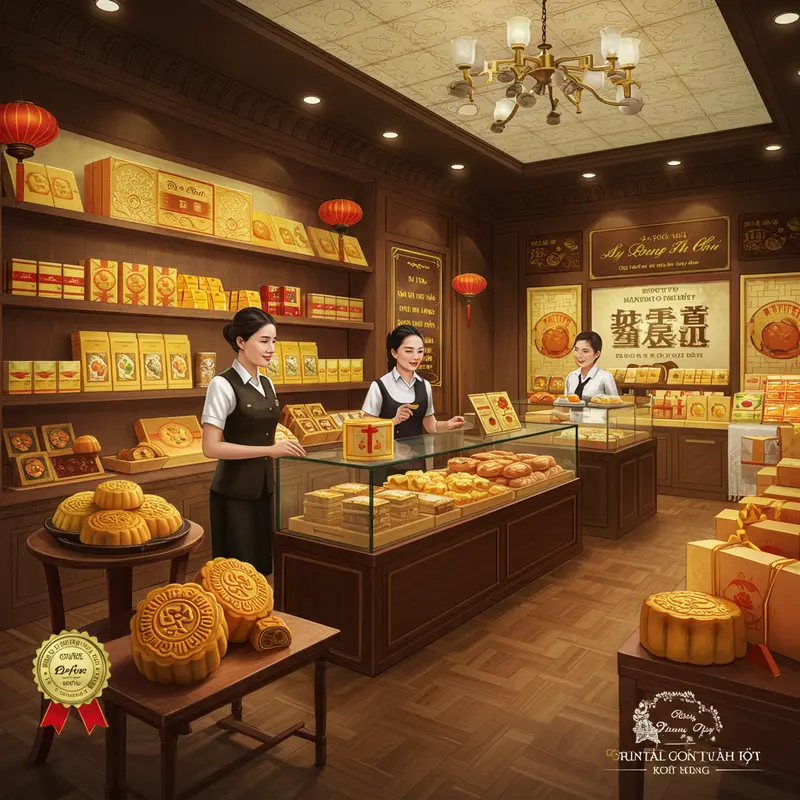 Bao bì bánh Trung Thu với tem nhãn và mã QR dùng để kiểm tra nguồn gốc sản phẩm.