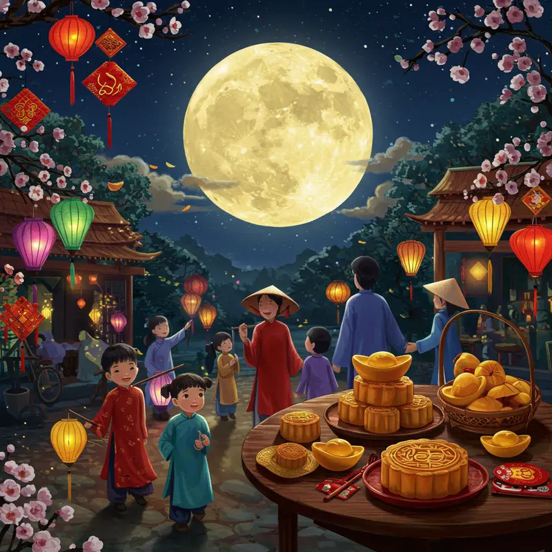 Gia đình Việt Nam sum họp thưởng thức bánh Trung Thu dưới ánh trăng rằm.