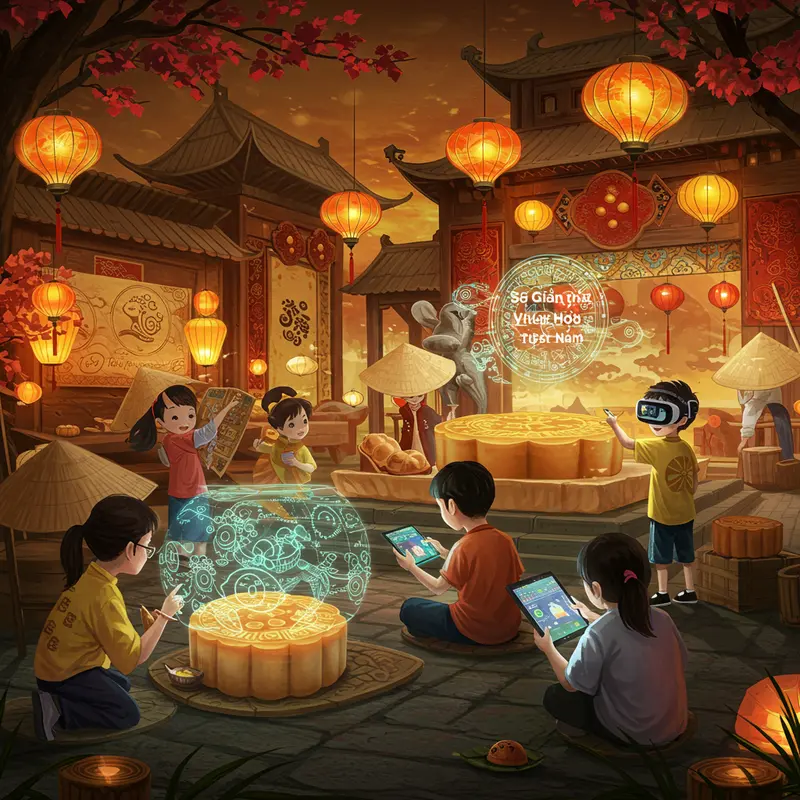 Trẻ em Việt Nam rước đèn Trung Thu dưới ánh trăng rằm truyền thống