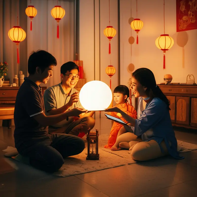 Gia đình làm lồng đèn Trung Thu truyền thống.