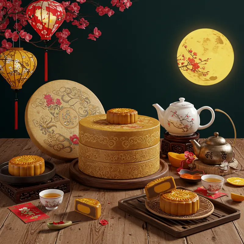 Hộp bánh Trung Thu cao cấp trong bối cảnh lễ hội Trung Thu truyền thống.