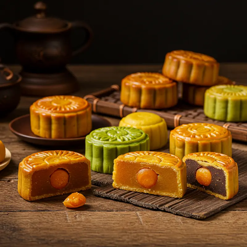 Các loại bánh Trung Thu truyền thống đa dạng về màu sắc và hương vị.