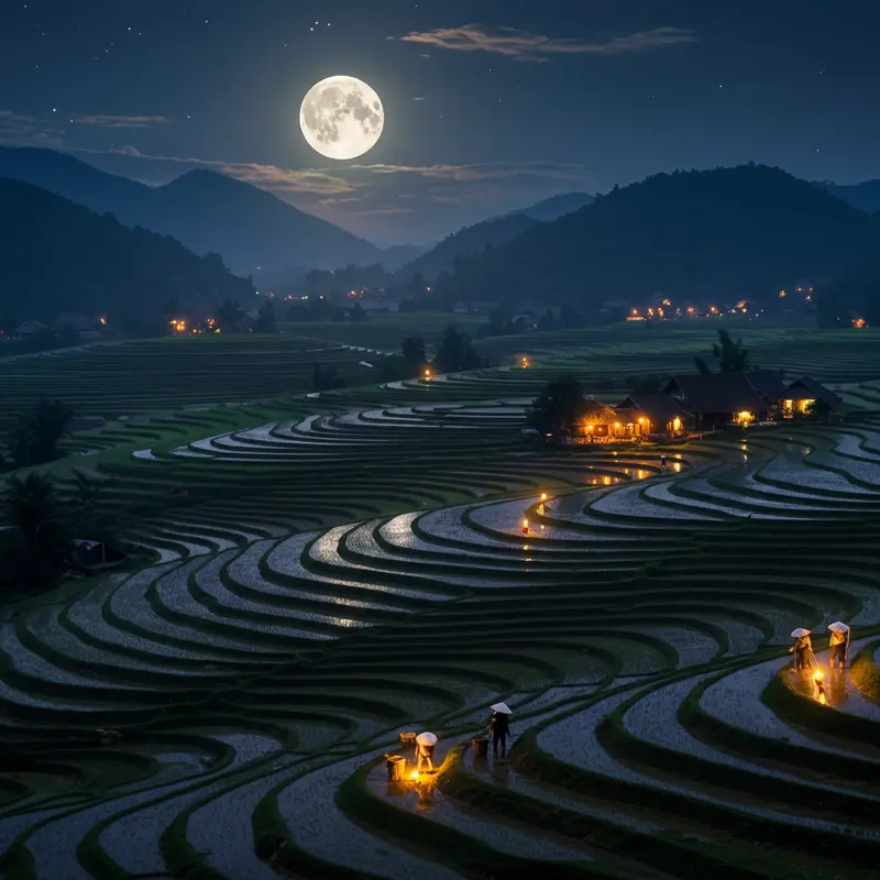 Khung cảnh ban đêm vùng nông thôn Việt Nam với trăng tròn trên bầu trời và cánh đồng lúa rộng lớn