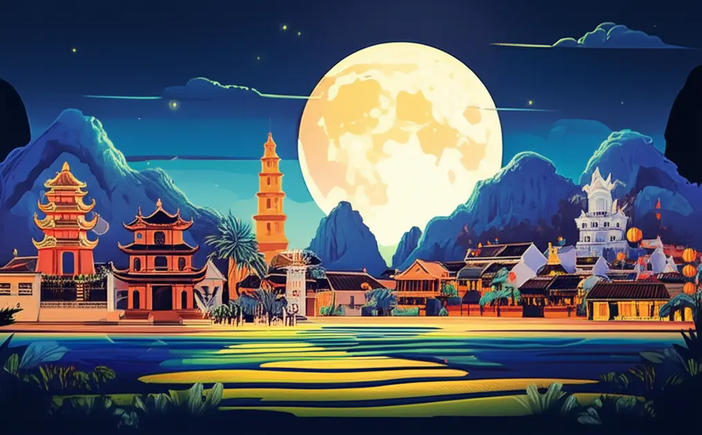 Iconic Vietnamese locations under the glow of a full moon.