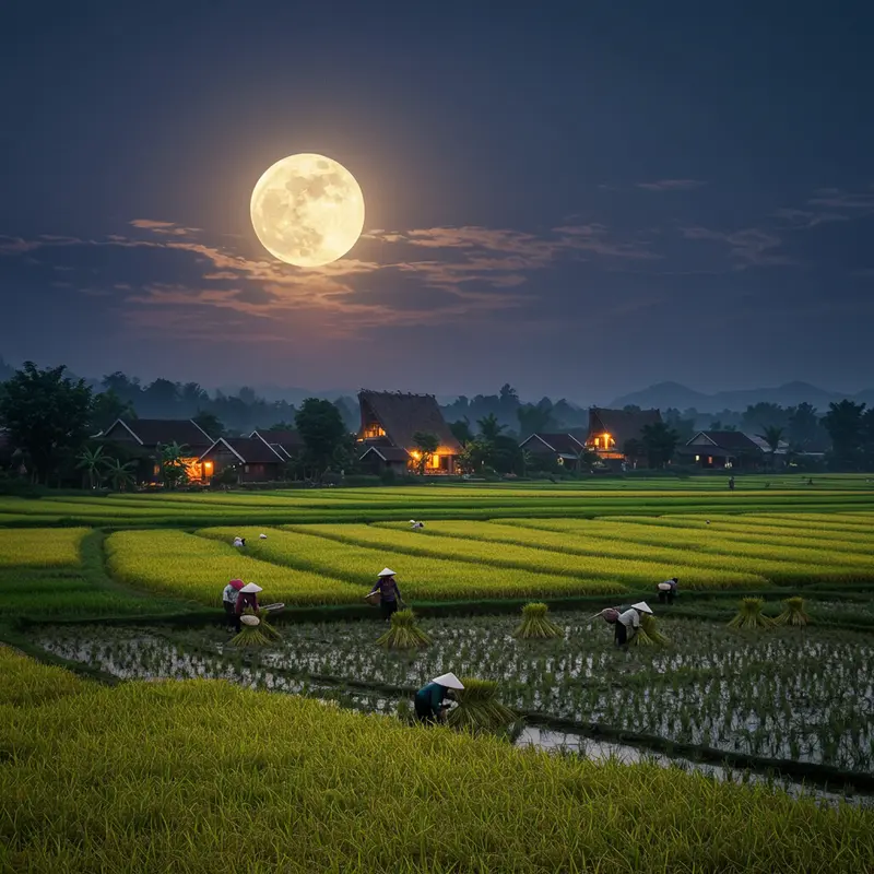 Bình minh trăng trên cánh đồng lúa truyền thống Việt Nam.