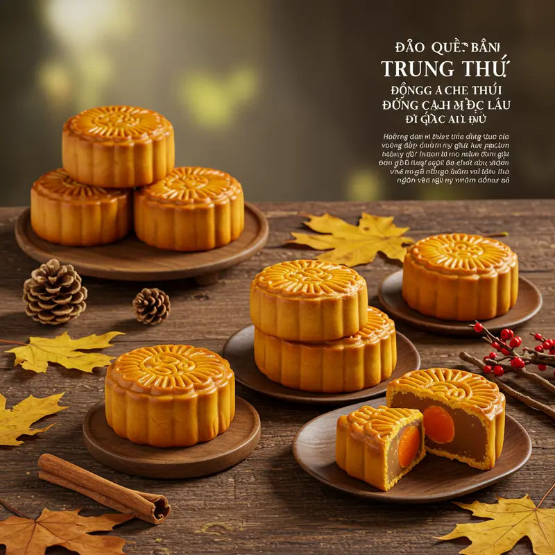 Bộ bánh Trung Thu truyền thống được bài trí trên bàn gỗ với ánh sáng tự nhiên, thể hiện độ giòn và họa tiết đẹp mắt trên vỏ bánh.