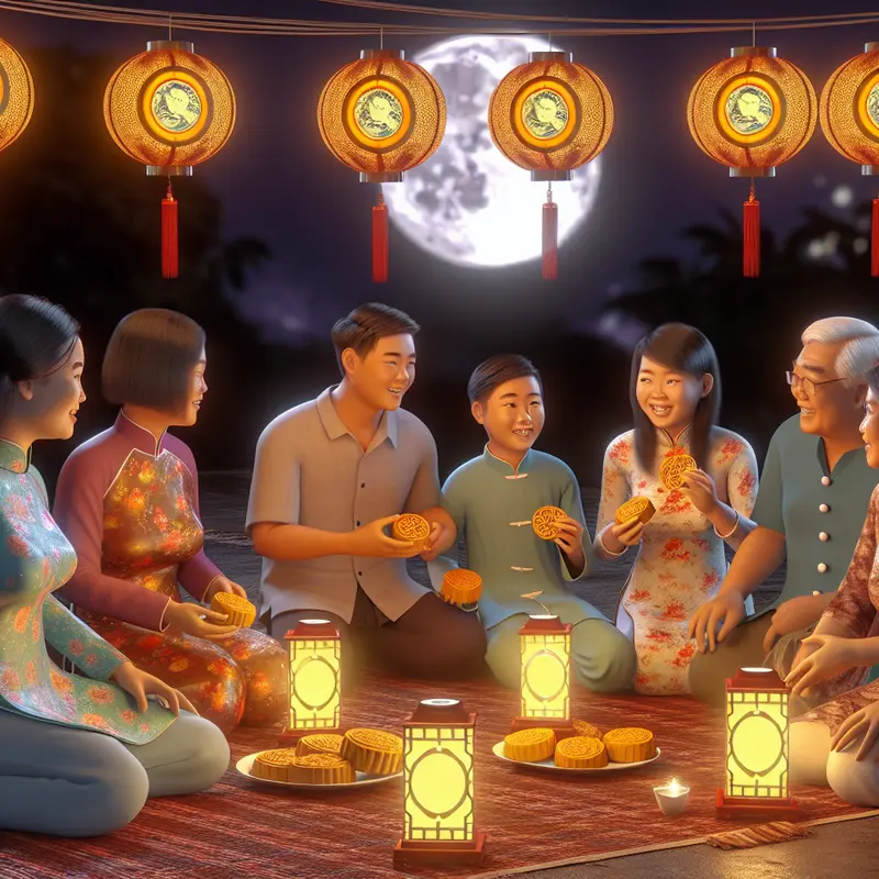 Cảnh làng quê Việt Nam cổ xưa dưới ánh trăng rằm.