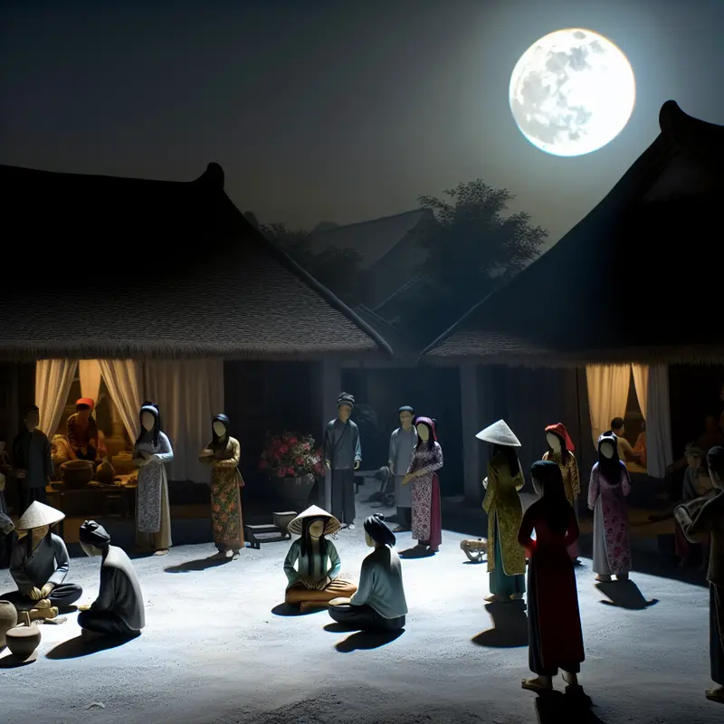 Cảnh làng quê Việt Nam cổ xưa dưới ánh trăng rằm.