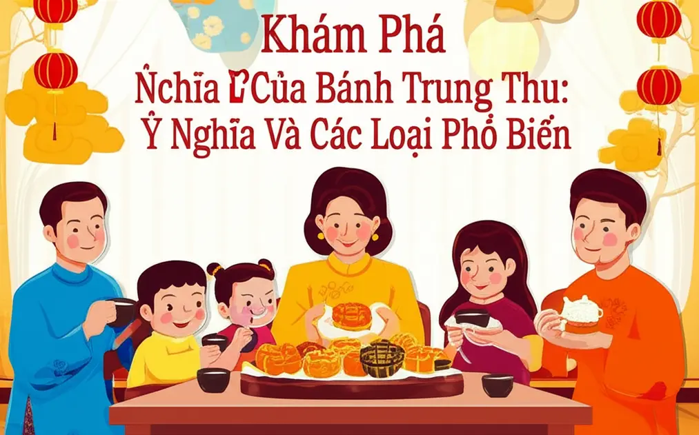 Hình ảnh gia đình truyền thống Việt Nam trong dịp Tết Trung Thu với bánh trung thu trang trí đẹp mắt.