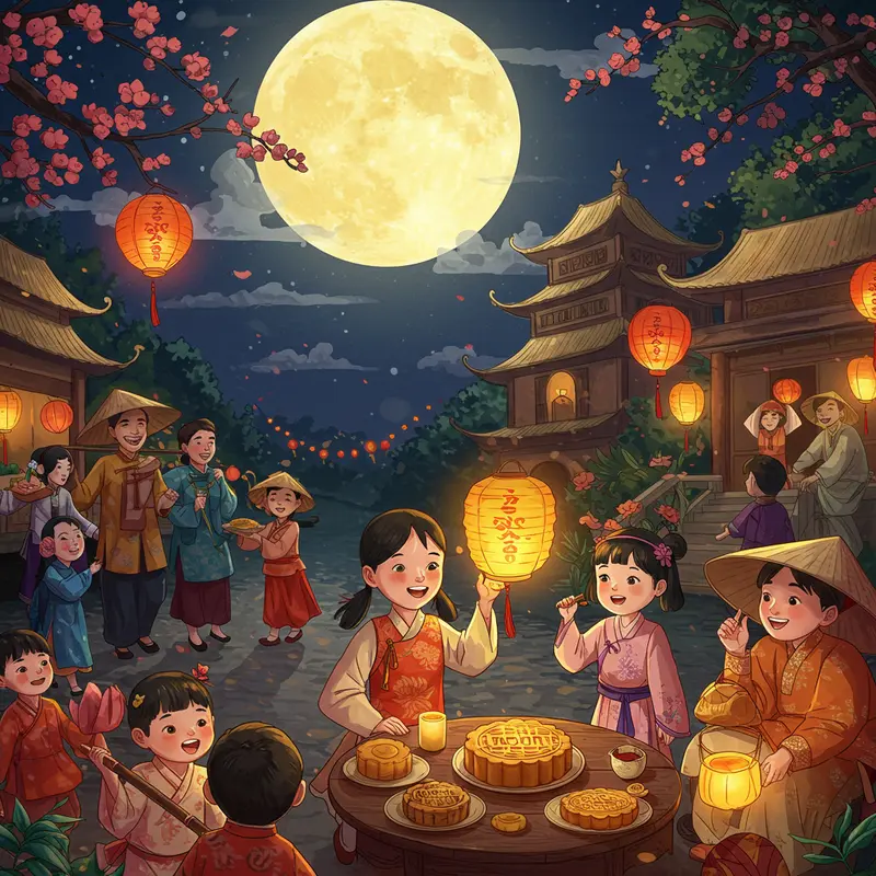 Bức tranh tượng trưng cho nguồn gốc truyền thuyết Chị Hằng với nguyệt quang và làng quê Việt Nam.