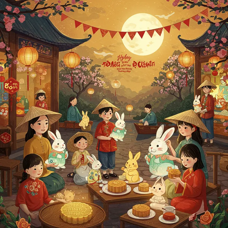 Minh họa Thỏ Ngọc trên cung trăng theo phong cách tranh truyền thống Á Đông.