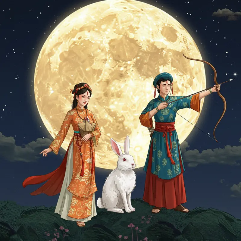 Bối cảnh làng cổ Việt Nam dưới ánh trăng tròn huyền ảo của truyền thuyết Chị Hằng và Hậu Nghệ