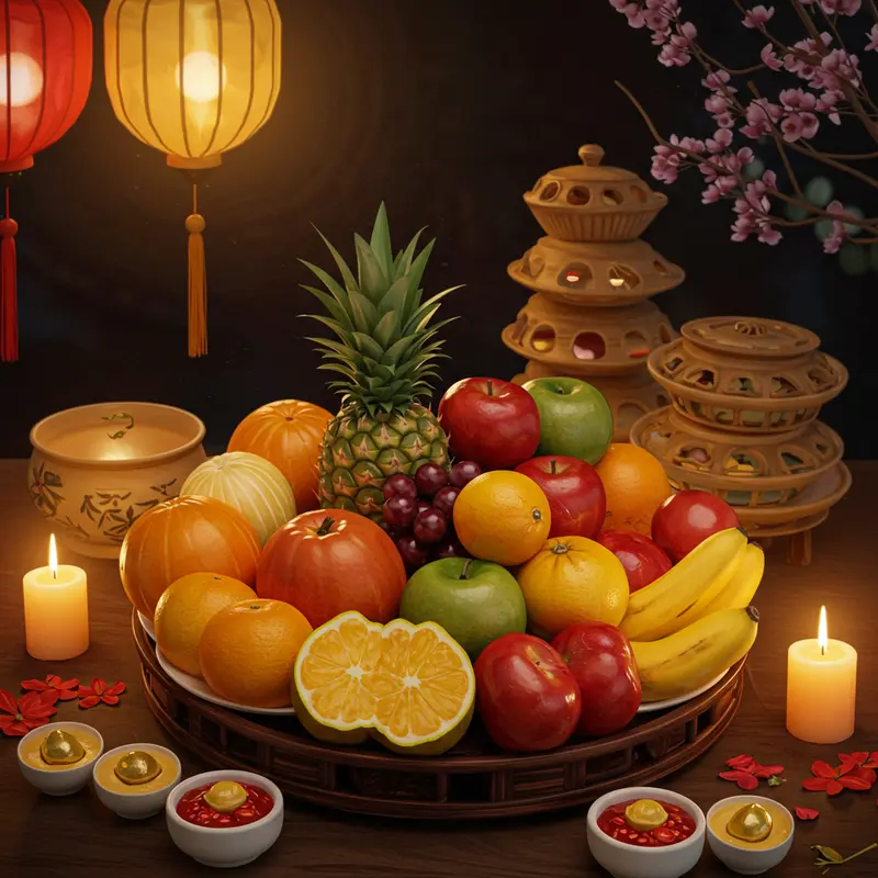 Mâm cỗ Trung Thu với các loại trái cây truyền thống và đèn lồng sáng tạo không khí ấm cúng.