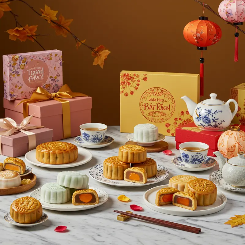 Bánh trung thu mochi Đài Loan sắc màu và mochi Nhật bản tối giản bày trên bàn sang trọng với hộp quà.